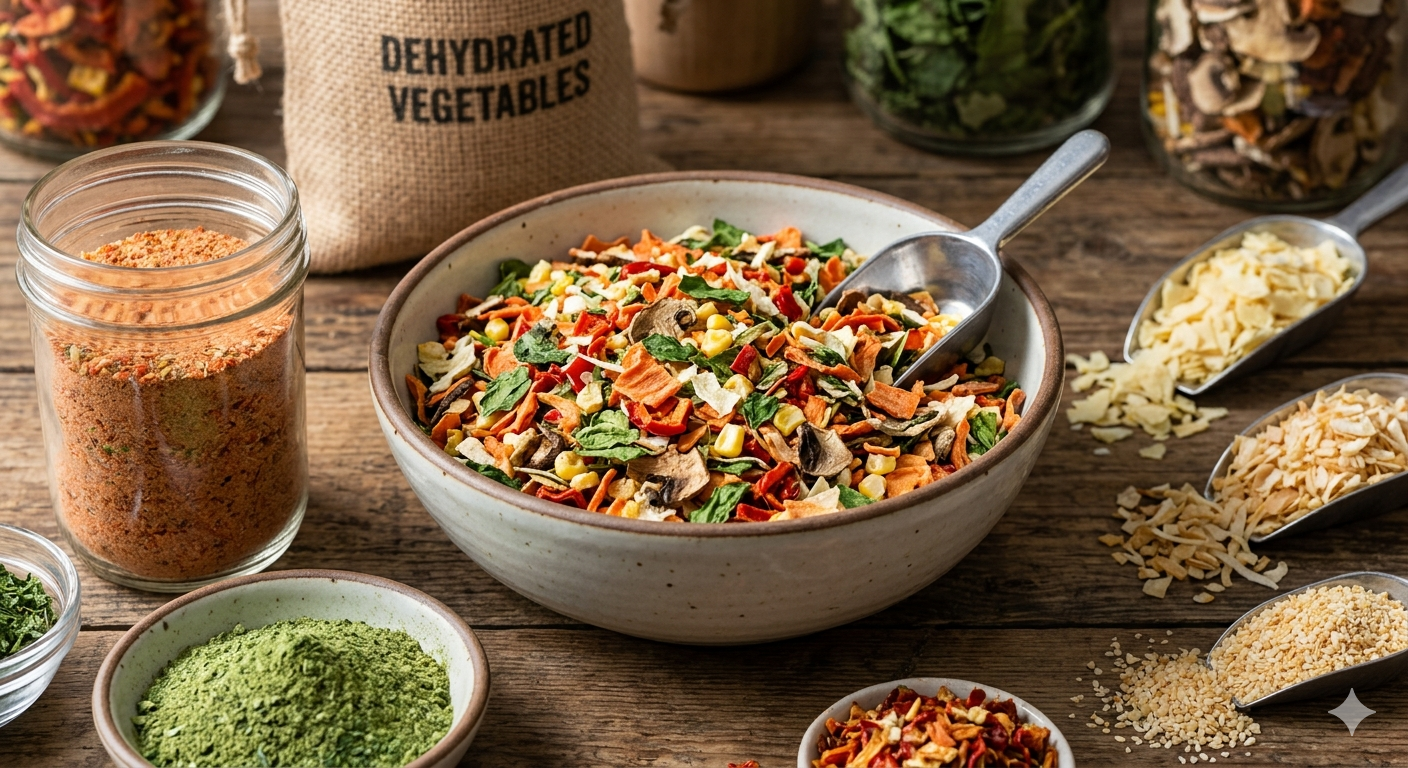 Dehydrated vegetables, flakes and powder